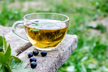 A cup of tea with black currant leaves. Tea with currants on a wooden table in the open air.