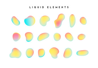 Gradient iridescent shapes. Set isolated liquid elements of holographic chameleon design palette of shimmering colors. Modern abstract pattern, bright colorful paint splash fluid.