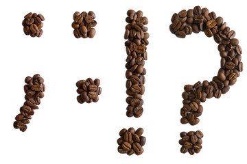 A semicolon, a colon, an exclamation mark and a question mark are laid out from roasted aromatic coffee beans, isolated on a white background