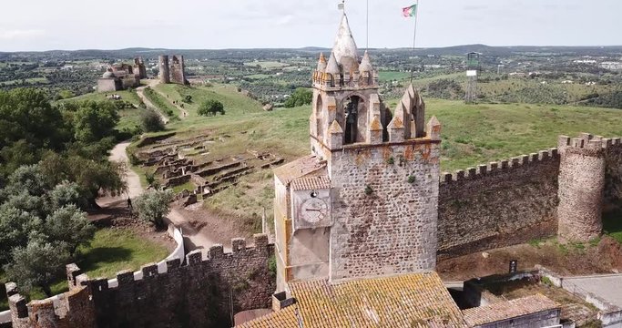 Aerial view of ruins of medieval Montemor-o-Novo castle, Portugal