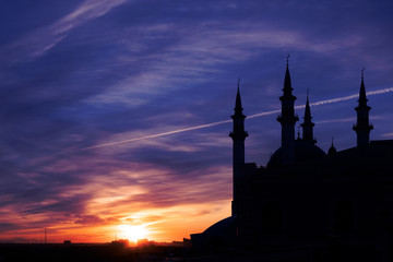 Dark Silhouette Of Cathedral Mosque With High Minarets Against Background Of Fantastically Beautiful Sunset Sky, Islamic Faith And Muslim Culture. Copy Space For Surahs Of Coran And Holy Text.