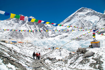 Mount Everest base camp, tents, Khumbu glacier and mountains, sagarmatha national park, trek to...