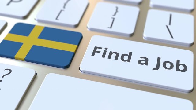 FIND A JOB text and flag of Sweden on the buttons on the computer keyboard. Employment related conceptual 3D animation