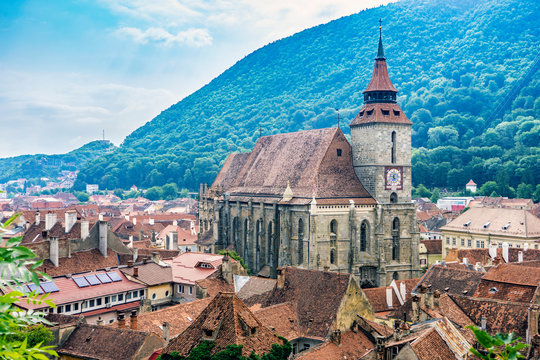 View on Old Town and Cathedral in Brashov, Transylvania, Romania