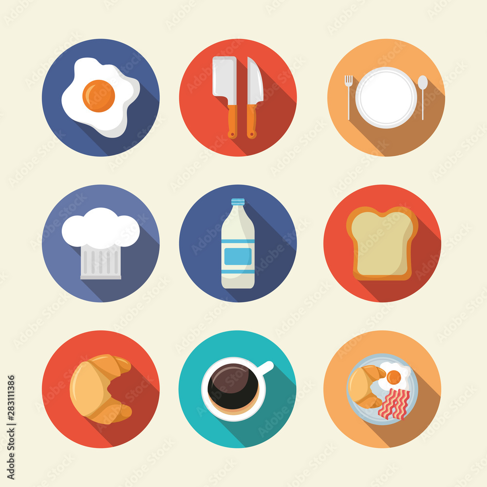 Wall mural breakfast cooking icons flat design