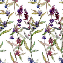 Purple lavender floral botanical flowers. Watercolor background illustration set. Seamless background pattern.