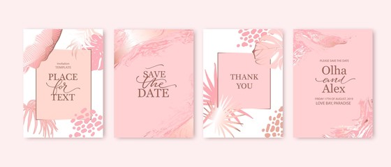 Set of elegant brochure, card, background, cover. Blush and rose gold marble texture. Geometric frame. Palm, exotic leaves. Save the date, invitation, birthday card design.