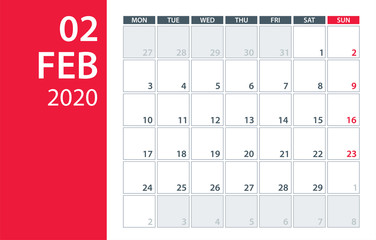 February 2020 Calendar Planner - vector illustration. Template. Mock up.