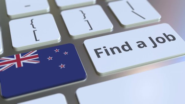 FIND A JOB text and flag of New Zealand on the buttons on the computer keyboard. Employment related conceptual 3D animation