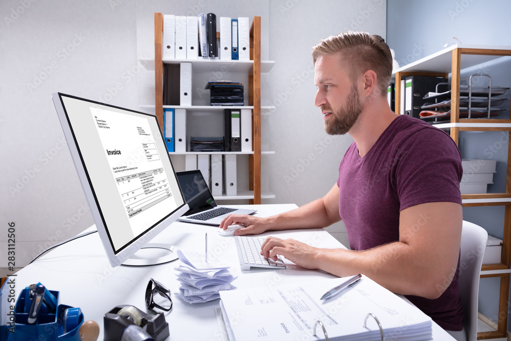 Poster Businessman Checking Invoice On Computer