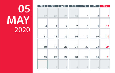 May 2020 Calendar Planner - vector illustration. Template. Mock up.