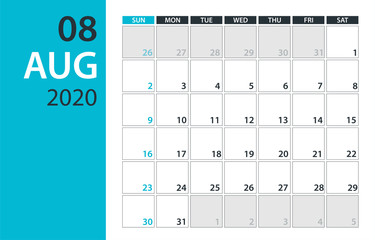 August 2020 Calendar Planner - vector illustration. Template. Mock up.