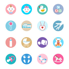 Maternity and childhood colorful icons. Baby flat color outline sign collection.