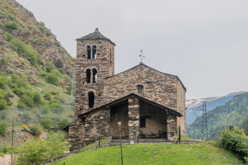 Sant Joan de Caselles church at cloudy day located in Canillo, Andorra.