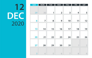 December 2020 Calendar Planner - vector illustration. Template. Mock up.