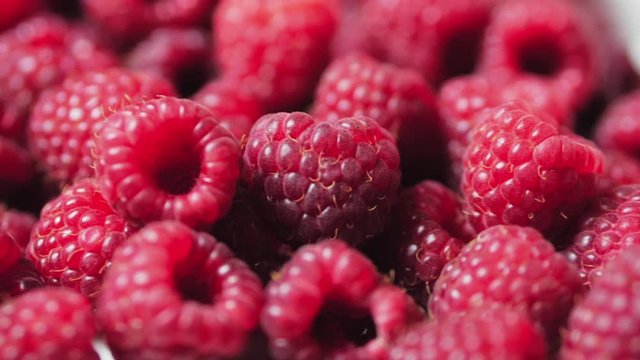 Close Up Berry. Fresh, Juicy Raspberry Background, Ripe. Macro Red Raspberries Fruit. Fresh Raspberry Fruits As Food Dackground. Healthy Food Organic Nutrition.