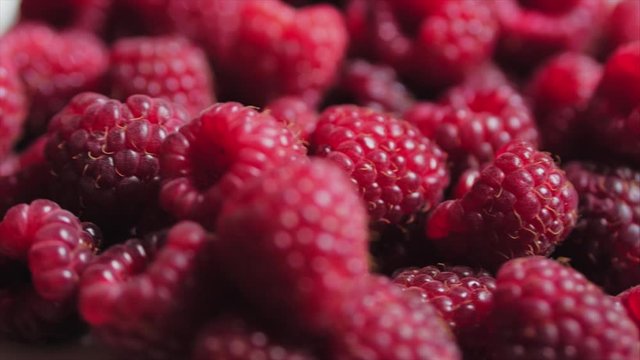 Close Up Berry. Fresh, Juicy Raspberry Background, Ripe. Macro Red Raspberries Fruit. Fresh Raspberry Fruits As Food Dackground. Healthy Food Organic Nutrition.