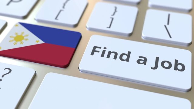 FIND A JOB text and flag of Philippines on the buttons on the computer keyboard. Employment related conceptual 3D animation