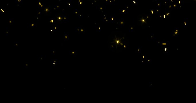 falling gold glitter foil confetti, animation 3d movement on black background, holiday and festive fun