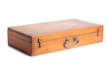 Vintage wooden tool box on a white background
