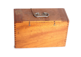 Vintage wooden tool box on a white background