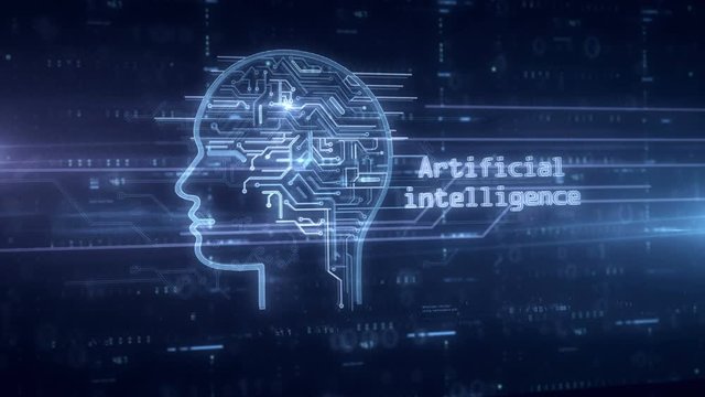 Artificial intelligence symbol hologram 3d animation. Modern concept of deep learning, cybernetic brain and cyber mind technology on blue digital background.