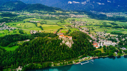 Aerial view of famous Bled Lake national Park on Bled Lake, Slovenia