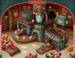 Holiday greeting card or poster with vintage Toy factory for Christmas or New Year. 3D image. 