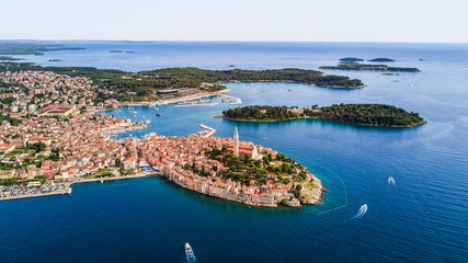 Beautiful Rovinj city aerial view from above the Adriatic sea. The old town of Rovinj, Istria,...