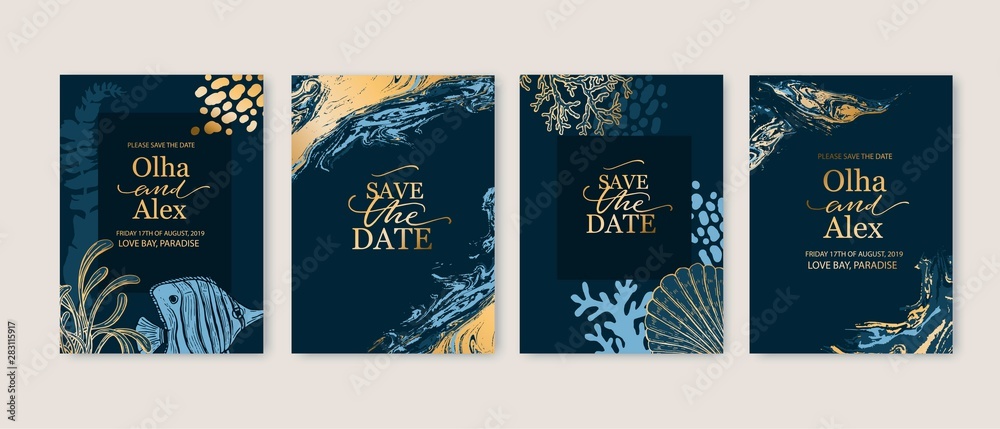 Wall mural set of wedding cards, invitation. save the date sea style design. romantic beach wedding summer back - Wall murals