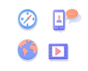 Isometric 3D icons, concepts of commonly used objects, compass, mobile phone, earth globe, video cinema. Flat design illustration