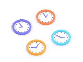 3d illustration of ixometric icons of office clocks of different colors. leaning on the floor, top view.