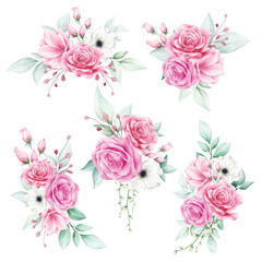 Fototapeta na wymiar Set of watercolor flowers bouquet elements for wedding invitation cards composition