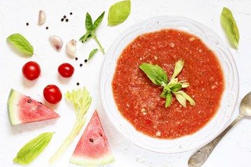 watermelon gazpacho. cold soup made of tomatoes and watermelon. paleo diet.  top view