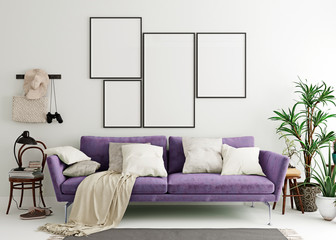 Mock up poster frame in purple indigo modern interior background, living room, Scandinavian style, 3D render, 3D illustration