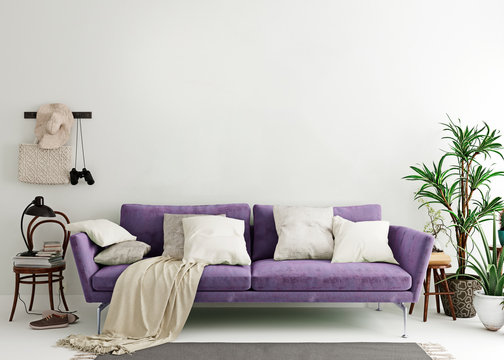 Mock up wall in purple indigo modern interior background, living room, Scandinavian style, 3D render, 3D illustration