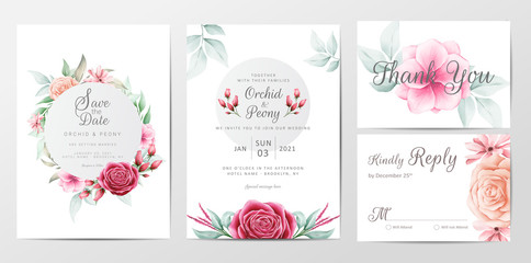 Elegant flowers wedding invitation cards template set