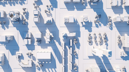 Bird view aerial shot of city streets on sunset. 3D render
