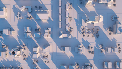 Bird view aerial shot of city streets on sunset. 3D render
