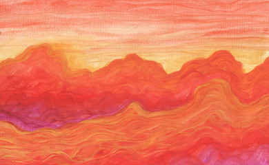 Orange clouds at sunset background in gouache
