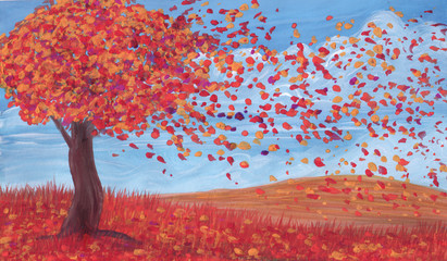 Autumn tree in gouache background