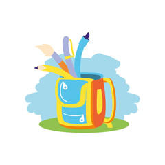 set of pencils and colors with school bag isolated icon