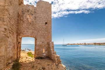 Fototapeta na wymiar View on sea from Kastelina castle, fortress ruins on Vir island, Croatia, Europe.