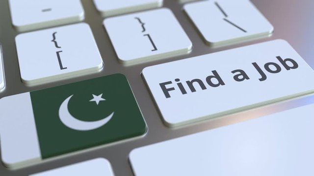FIND A JOB text and flag of Pakistan on the buttons on the computer keyboard. Employment related conceptual 3D animation