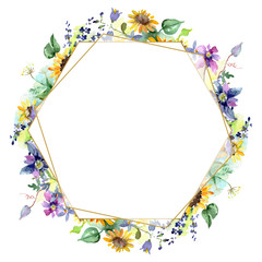 Bouquet with sunflowers botanical flowers. Watercolor background illustration set. Frame border ornament square.