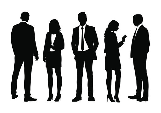Vector silhouettes of  men and a women, a group of standing business people, black color isolated on white background