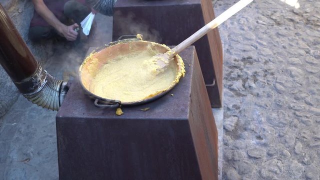 very rare video of traditional polenta in Rango Trentino town in Italy