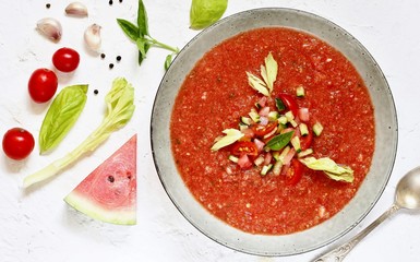 watermelon gazpacho. cold soup made of tomatoes and watermelon 