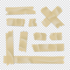 Adhesive tape set. Sticky paper strip isolated on transparent background. Vector illustration.