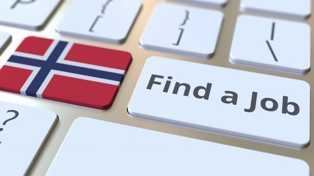 FIND A JOB text and flag of Norway on the buttons on the computer keyboard. Employment related conceptual 3D animation